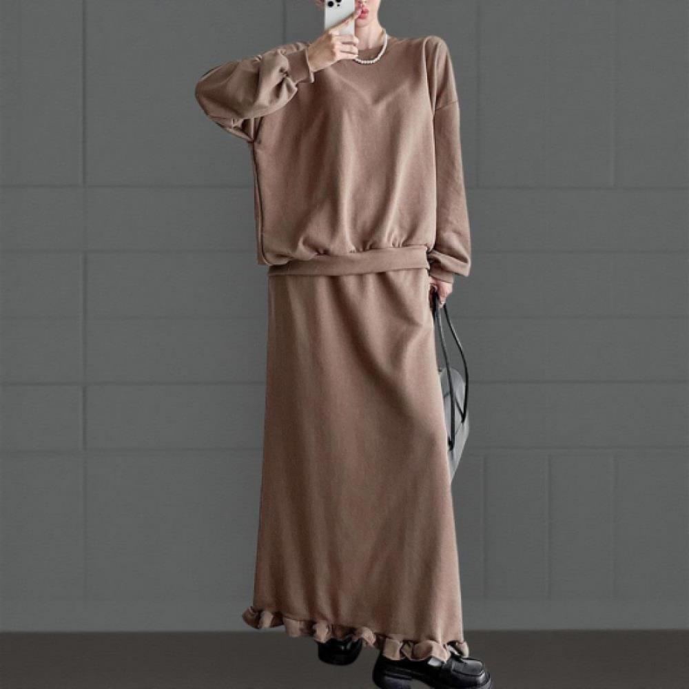 New Arrivals Open Run Women Oversized Sweatshirt And Frill Long Skirt Set