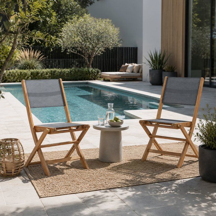 Lot de 2 chaises de jardin pliantes en bois d'acacia FSC - EDEN - Assise textilène - Gris - 58 x 58 x H90 cm