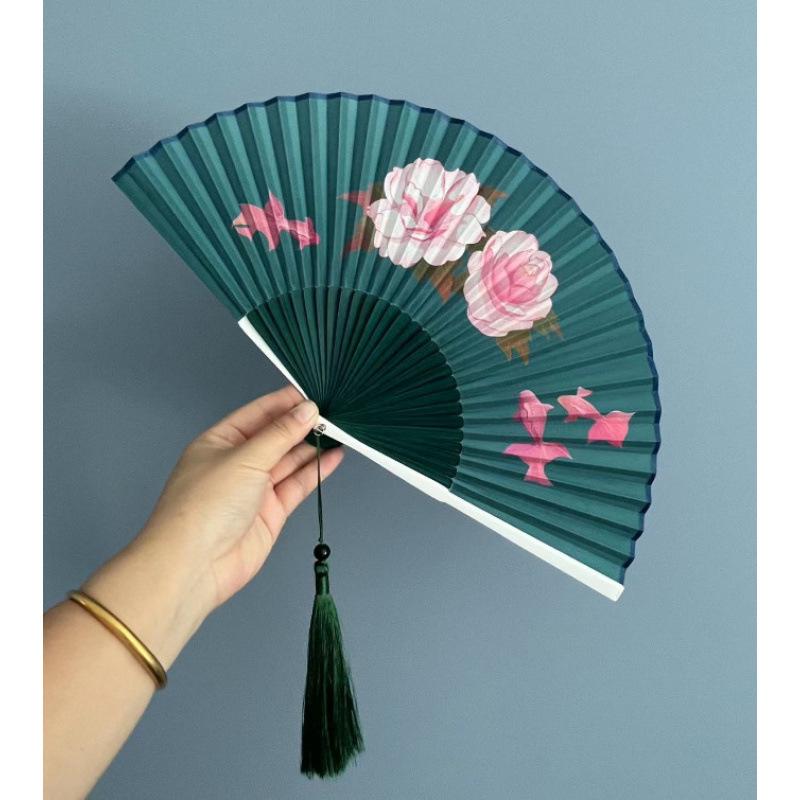 Портативный складной веер из древнего китайского бамбука для Ханьфу и Ципао - Дизайн с гарденией