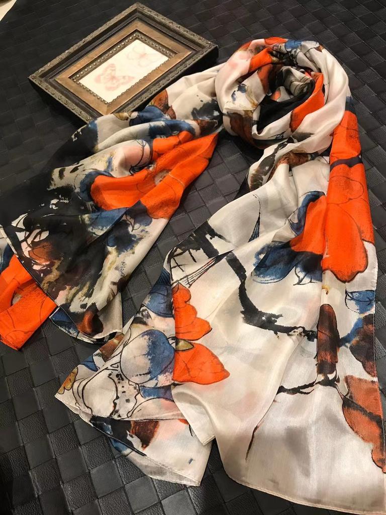 Белый 100% Шелковый Шарф Женские Шарфы Bufandas Летние Пляжные Шали Foulard Осень Зима Цветочный Дизайн Длинные Шарфы на Шею Хиджабы