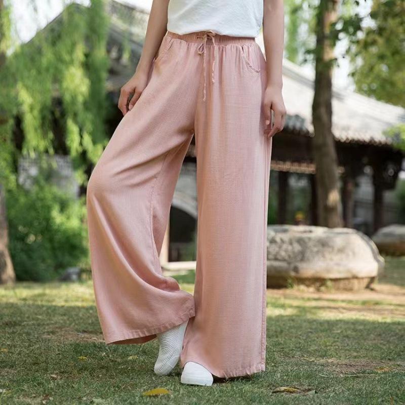 Casual Women's Solid Color Wide Leg Spring and Autumn Pockets Cotton Linen Women Long Pants