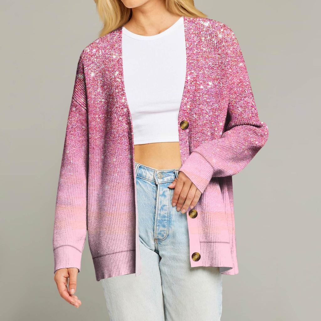 Женский модный кардиган с длинным рукавом, V-образным вырезом, на пуговицах, свободного кроя, с рождественским принтом