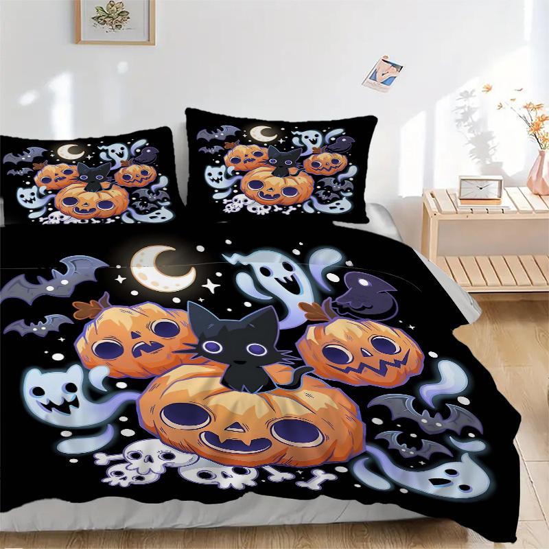 3pcs Halloween Theme Cat & Pumpkin Bedding Set, Including 1 Quilt Cover and 2 Pillow Shams, Without Filling, Soft and Comfortable Home Bedroom Fa