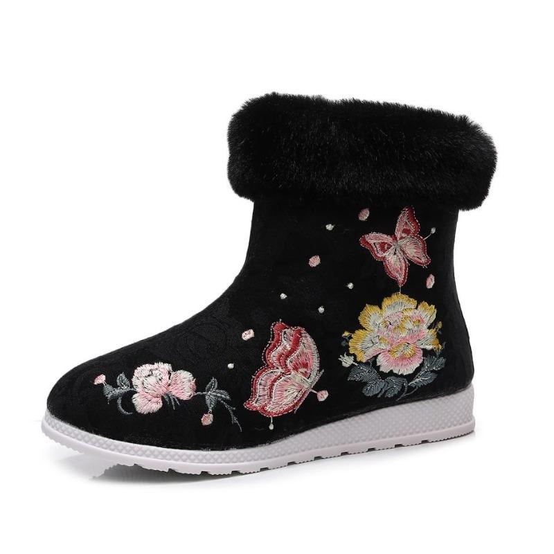 Зимние теплые женские ботильоны, повседневные нескользящие зимние ботинки с подкладкой из плюшевого флиса и боковой молнией, женские короткие ботинки с вышивкой и подкладкой из искусственного меха