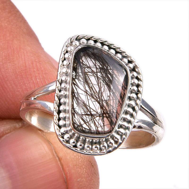Natural Black Rutile Gemstone 925 Solid Sterling Silver Jewelry Ring S.9.5 e8G15