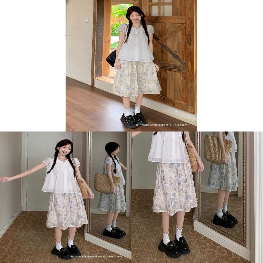 Girls Summer Floral High Waist Midi Skirt With Splicing Print For Casual Wear