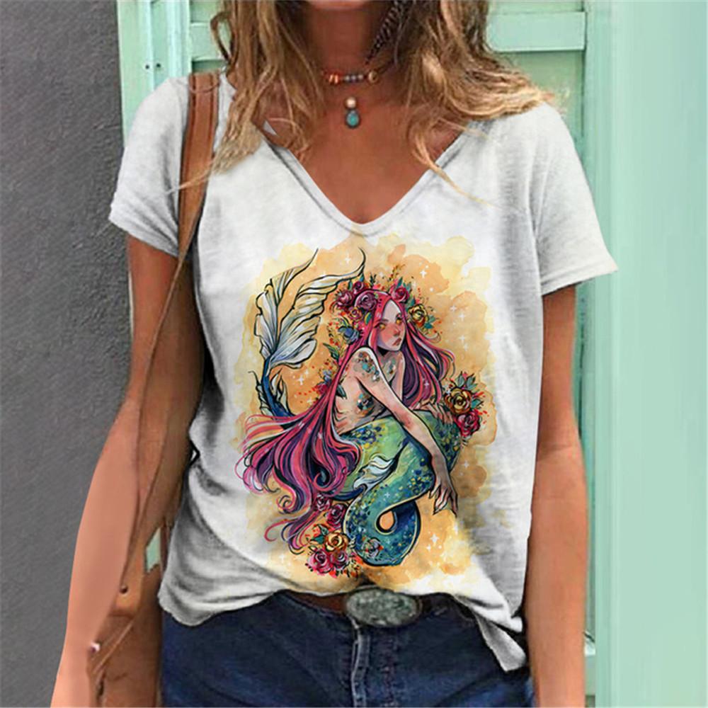 Lightweight Mermaid Digital 3D Print T Shirts Women Versatile Pullover Short Sleeve Summer Casual V-Neck Female Harajuka Tops