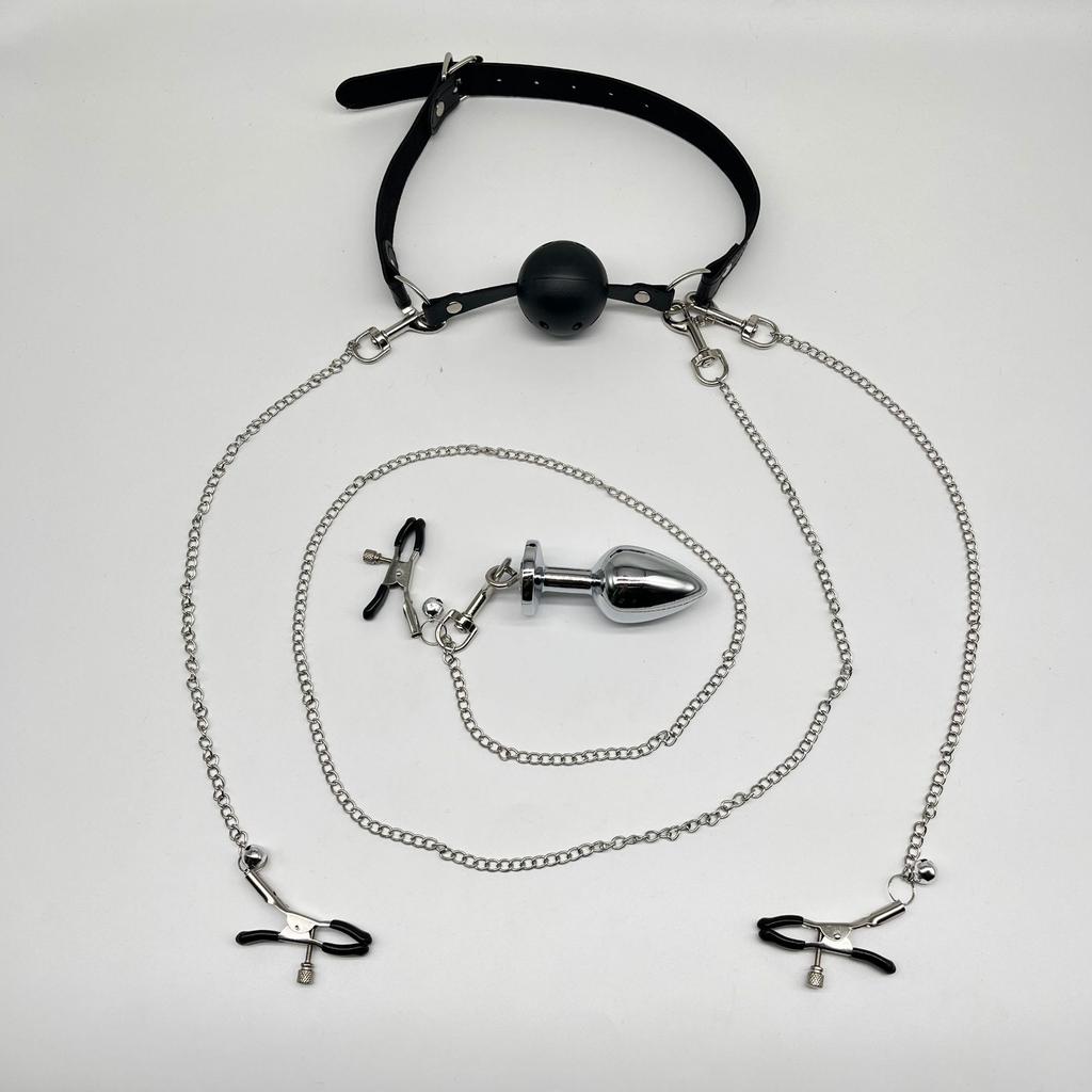 BDSM Mouth Gag Nipple Clamp Clitoris Clip Anal Butt Plug Adjustable SM Sex Toy Breast Clip Clit Stimulator No Vibrator