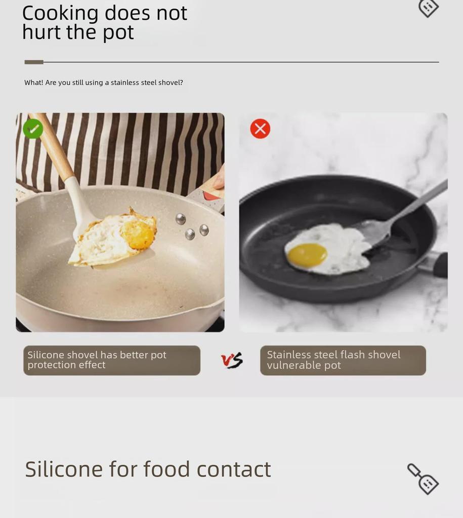 Кухонные принадлежности с антипригарным покрытием из силикона и бука: Лопатка с деревянной ручкой, лопатка для жарки и ложка для супа.