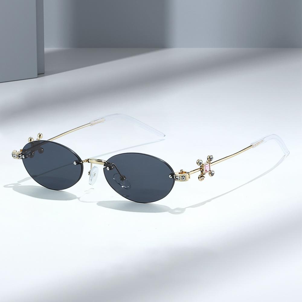 Three-stone sunglasses, rimless, oval-shaped lenses, women's sunglasses