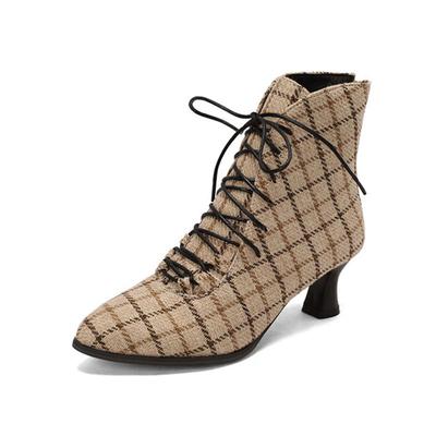 Женские ботинки 2025 Осень Зима Замшевые С острым носом Клетчатые туфли Женские На шнуровке Женские туфли-лодочки На заказ Массивный каблук Ботильоны WSH4723