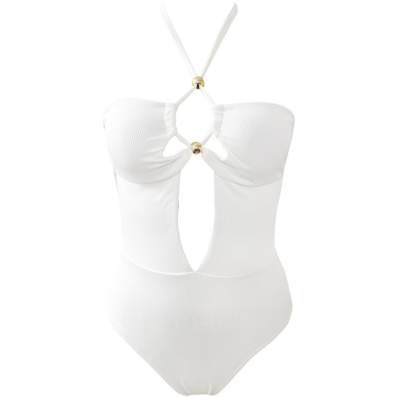 Новый сексуальный однотонный слитный купальник для женщин с завязкой на шее и шнурком, купальник с открытой спиной, купальник со сборками на груди