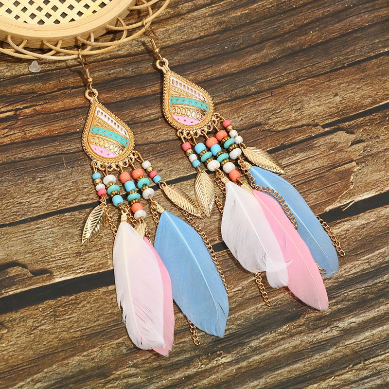 High-Value Feather Earrings Bohemian Long Tassel Photo Women'S Ear Hooks Personalized Earrings