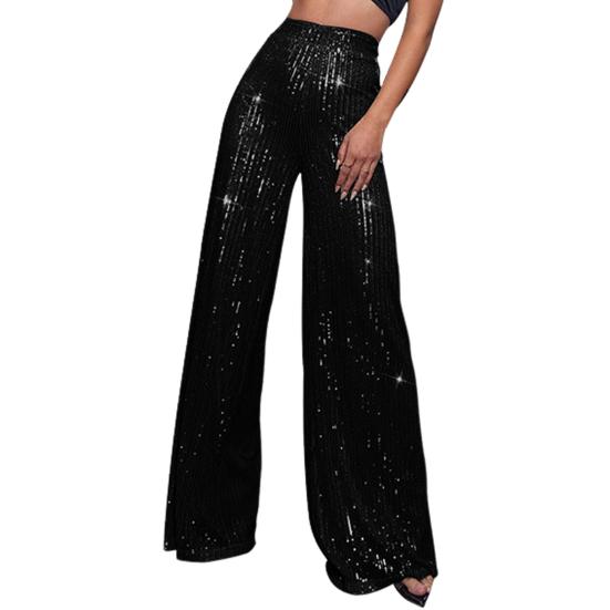 Women Nightclub Long Pants High Waist Sparkling Sequined Straight Wide Leg Pants Elastic Waist Loose Fit Solid Color Trousers