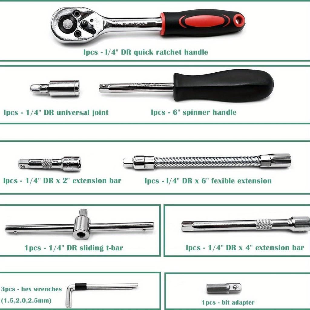 Набор из 46 ключей с храповым механизмом 1/4" с набором головок с битами, удлинителем, карданным ползунком, набор удлинителей головок для ремонта автомобилей и домашнего использования