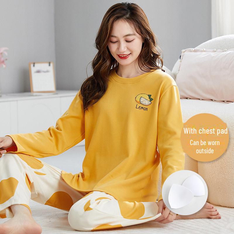Женская осенняя пижама с длинными рукавами и рисунком из мультфильмов, с нагрудными накладками - тонкий хлопок для ношения в помещении и на улице весной, осенью и зимой