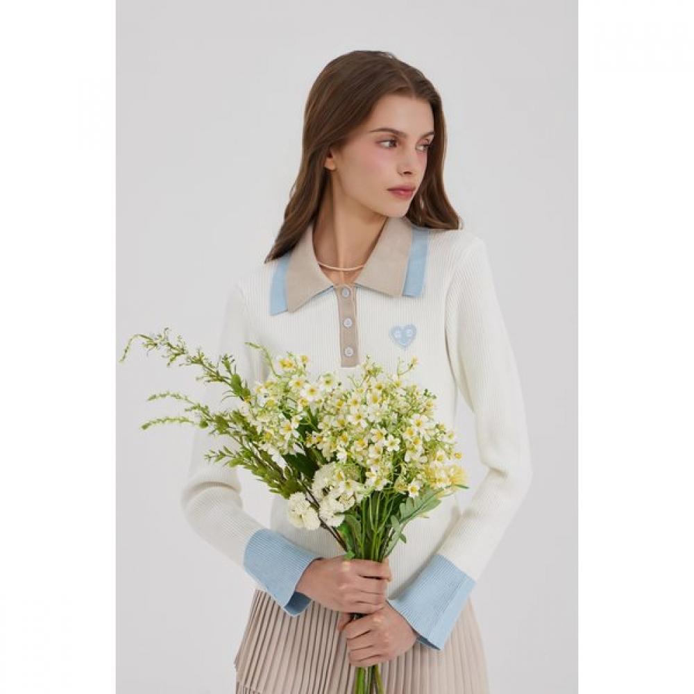 Goxo Smile Heart Knit White Double Collar