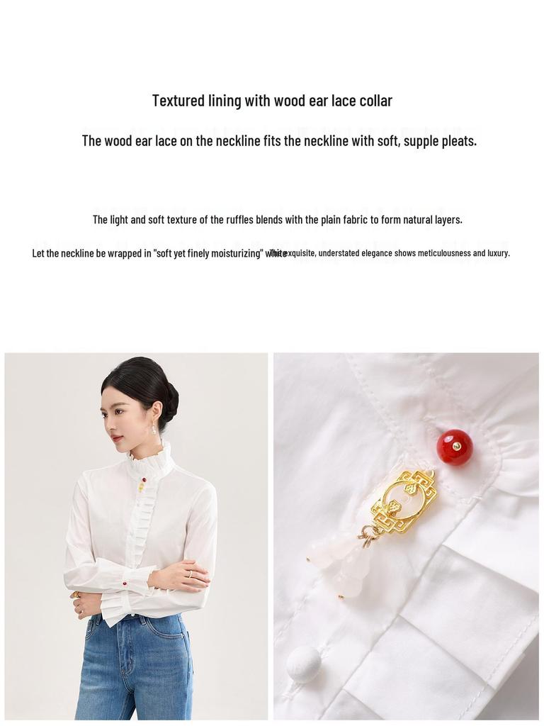 Women's Pure Cotton French Ruffle Trim Shirt - Spring Top with Micro Flare Long Sleeves