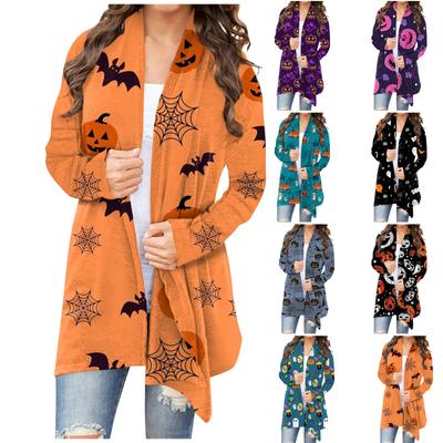 Женская мода, повседневный кардиган с принтом на Хэллоуин, средней длины, куртка, пальто