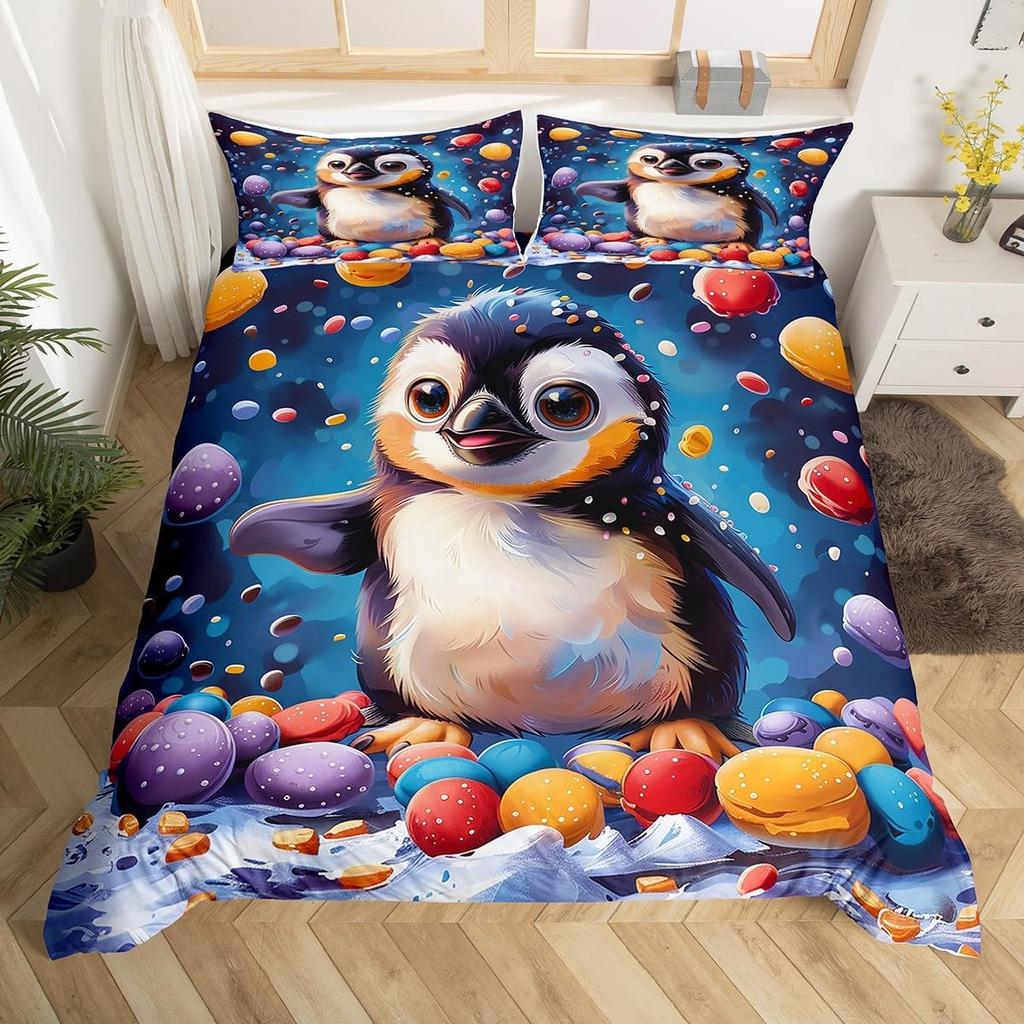 Cartoon Penguin Duvet Cover Polar Animal Watermelon Bedding Set for Boys Girls Room DecorArctic Wildlife Fruit Comforter Cover