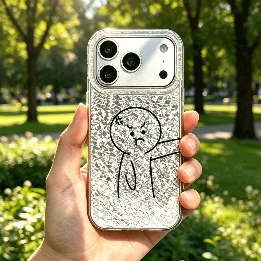 Phone Case for iphone 16 Plus XR 17 Pro Air 13 18 Pro Max 12 XS Max 11 14 15 Angry Stick Figure Silver Cracked Texture Shockproof Cover