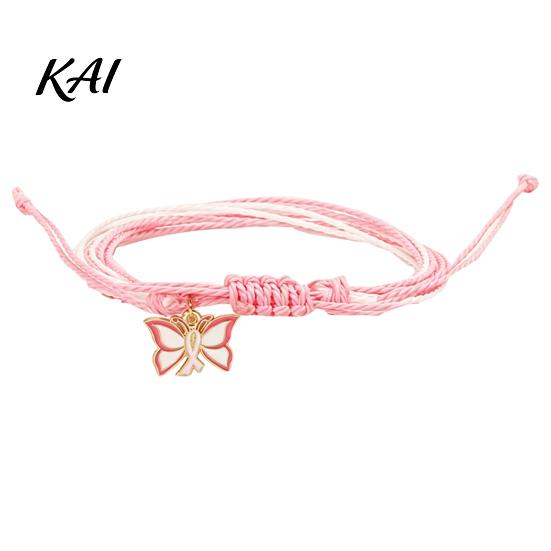Pink White Cord Jewelry Breast Cancer Awareness Bracelet for Women, Adjustable Woven String with Heart Butterfly Alloy Pendants Ribbon Charm, Handmade