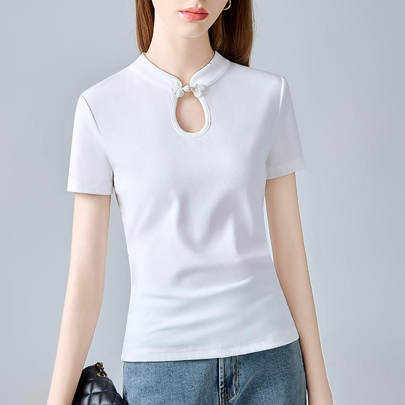 Футболка с короткими рукавами для женщин, новый стиль, новая китайская женская футболка с воротником-стойкой и пуговицами в стиле ретро, дизайн Sense Hollow Top