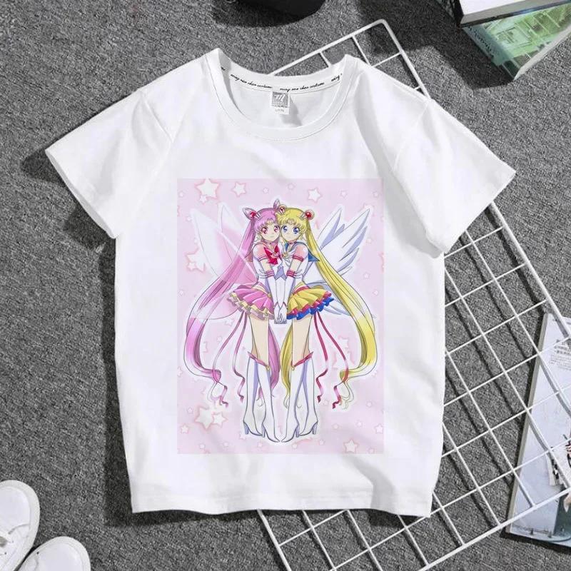 Unisex Summer White Shortsleeved Sailor Moon Tshirt Pretty Sailor Moon Design Casual Top For Children Adults
