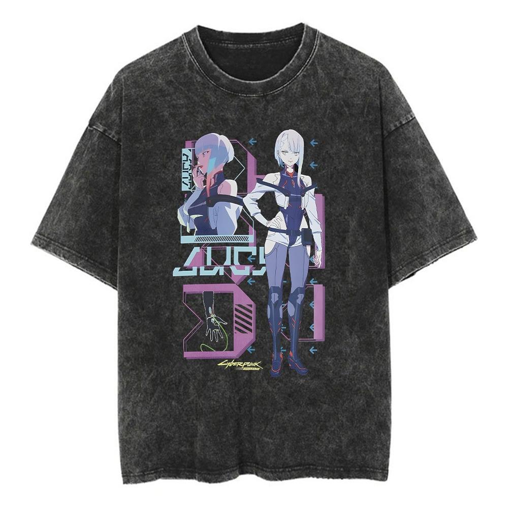 Игра Киберпанк ЛЮСИ Футболка Хлопок Вываренная Винтажная Футболка Оверсайз Харадзюку Уличный Повседневный Свободный Футболки с Коротким Рукавом