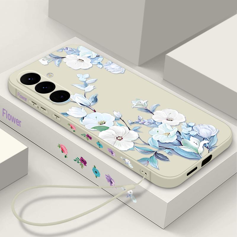 For Samsung S25 Ultra S24 FE S23 A56 A36 A16 A55 Phone Shell Floral Print Matte Lens Protection TPU Lanyard Soft Shockproof Silicone Slim Case Cover