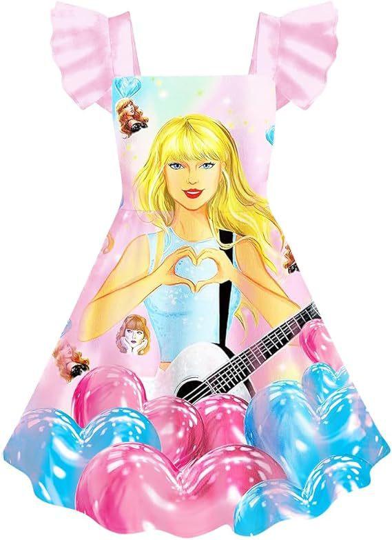 Girls Dreamy Ruffled Sleeve Round Neck Dress with Ethereal 3D Print