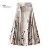 Chinese Style Women Maxi Skirt High Waist Vintage Skirt Elegant Flower Bird Print Hanfu Skirt Pleated Lace-up Horse Face Skirt