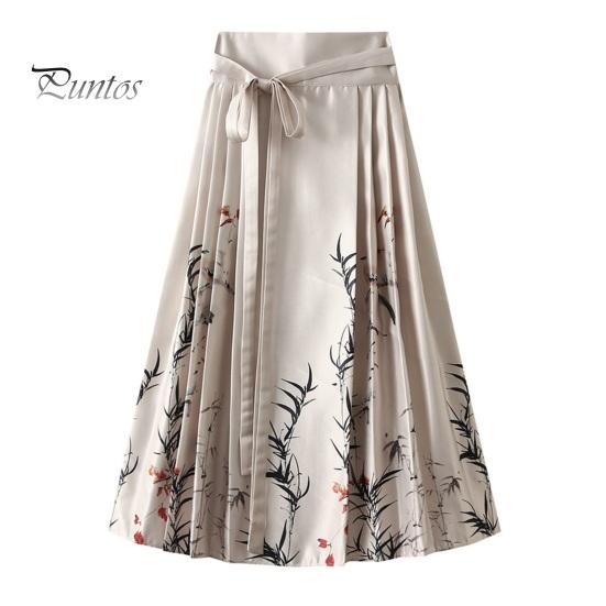Chinese Style Women Maxi Skirt High Waist Vintage Skirt Elegant Flower Bird Print Hanfu Skirt Pleated Lace-up Horse Face Skirt