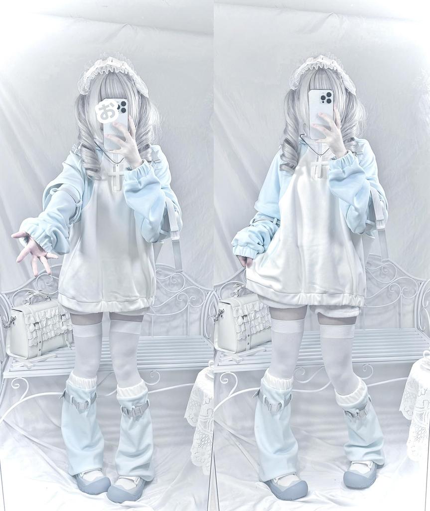 Light Blue Cat Ear Hoodie Landmine Leg Removable Long Short Y2K Sickly Loose Light XL [XHSUKADO] 2-Piece Set, Punk, Subculture, Angel, Style, Women's,