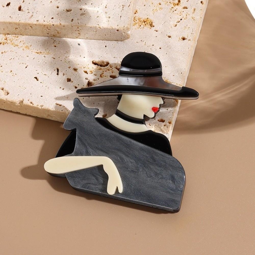 Large Women Portrait Pin Acrylic Coat Badge Cute Lady with Hat Brooch Clothing Accessories