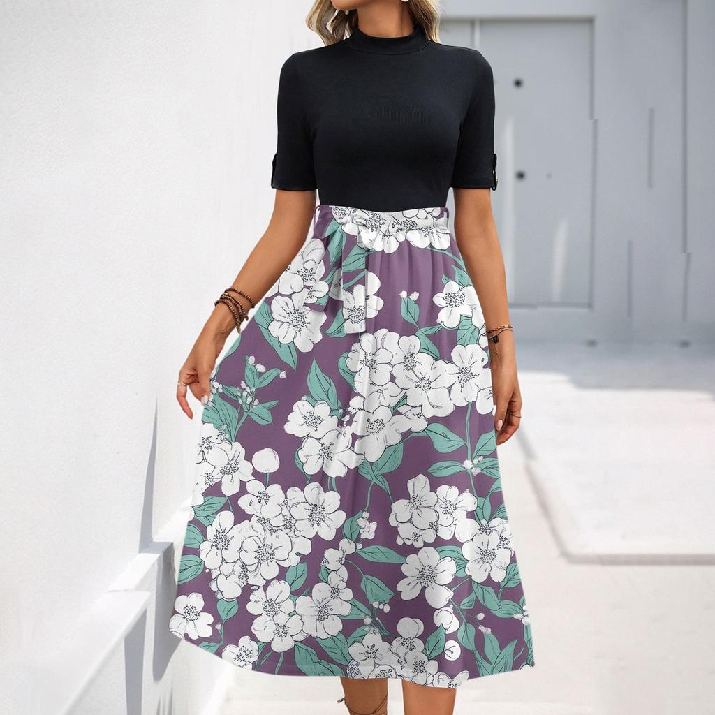 Women's Fashion Casual Belt Short Sleeve Round Neck Floral Elegant Temperament Dress