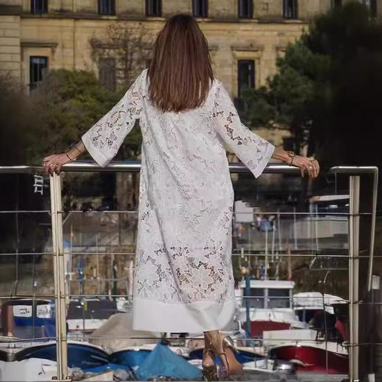 Fall Women Dress Hollow Lace Crochet Patchwork Double-layer V Neck Loose Three Quarter Sleeves Floral Embroidery Ankle Length Commuting Dating