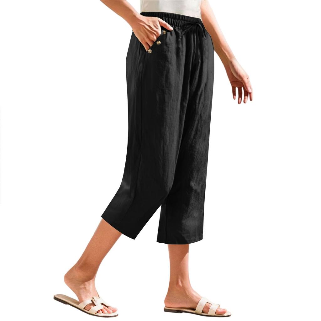 Women's Cropped Pants Stralght Pants With Pockets Lightweight Caual Loose Trousers