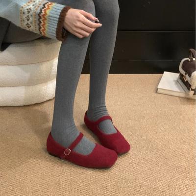 2025 осень и зима новая универсальная квадратная голова с туфлями Мэри Джейн пушистые туфли женские на плоской подошве с мелким вырезом бархатные одинарные туфли женские