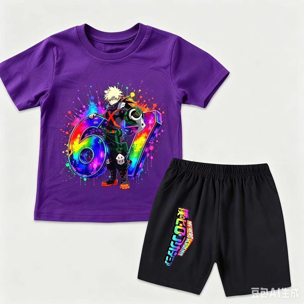 My Hero Academia Bakugo Katsuki 67 Print Kids Polyester T Shirt Shorts Set for Boys Girls Summer Outfit