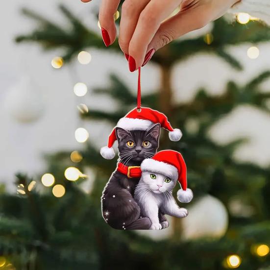 Christmas Cat Ornament Cartoon Cat with Santa Hat Pendant 2D Flat Acrylic Christmas Tree Hanging Decoration for Holiday Home Decor