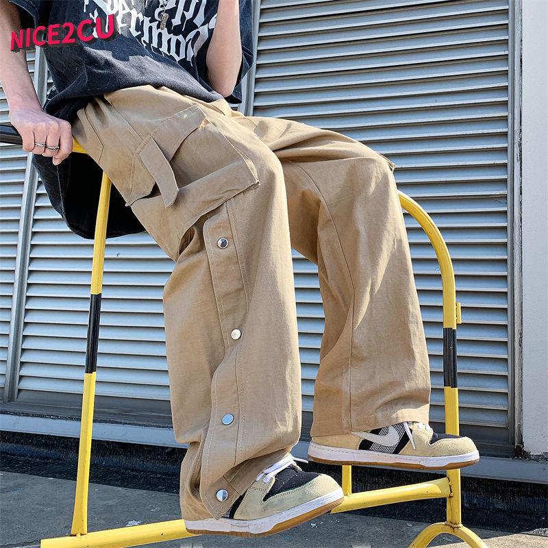 Лето 2023, новые трендовые мужские широкие брюки-карго, корейская уличная одежда, повседневные дизайнерские спортивные штаны большого размера с пуговицами для подростков