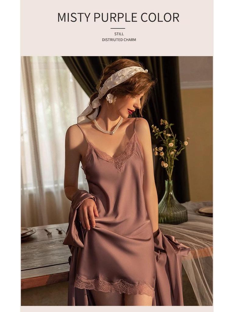 Высококачественная летняя ночная сорочка из кружева и ледяного шелка для женщин - стиль Pure Desire с нагрудными вкладышами, доступна в больших размерах