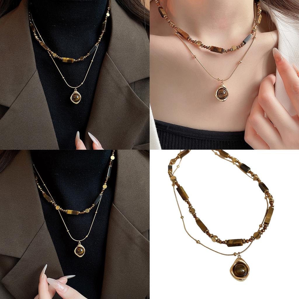 Fashionable Double Layer Collarbone Necklace Featuring Tigers Eye Stone Pendant in Vintage Styles for Trendy Women