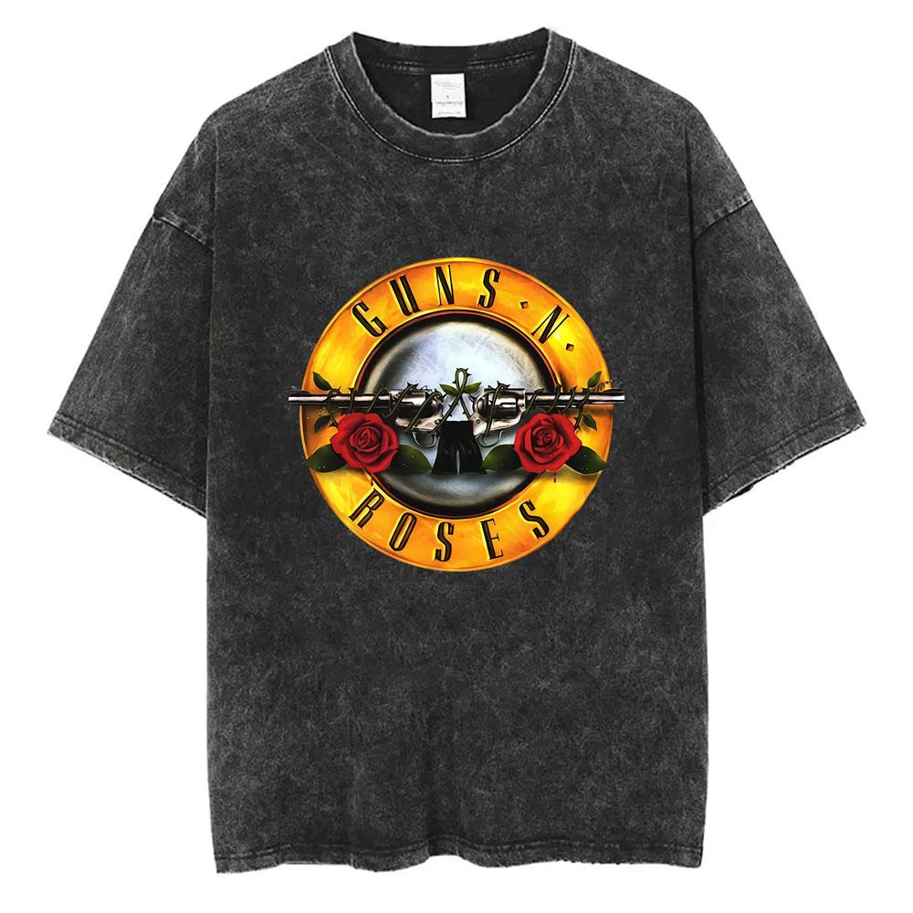 Мужчины Женщины Guns N Roses Пуля Роза Рок-группа Музыка Стиранная Винтажная Футболка Мужская Мода Оверсайз Футболка Мужчины Женщины Повседневные Футболки