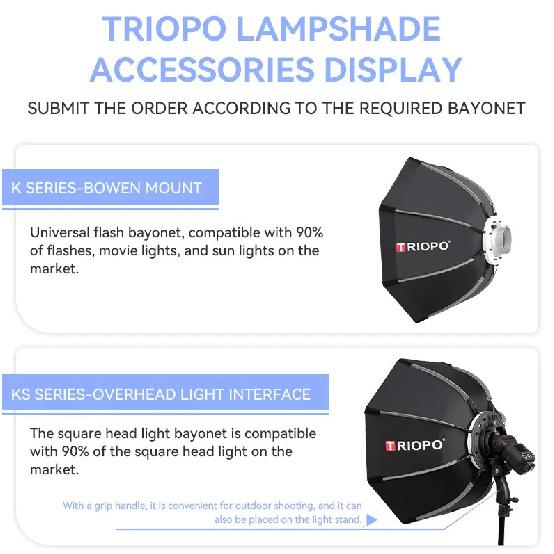 TRIOPO 55cm 65cm 90cm 120cm Foldable Octagon Softbox Bowens Mount for Sokani X100 COLBOR CL60 Godox Aputure LED Video Light