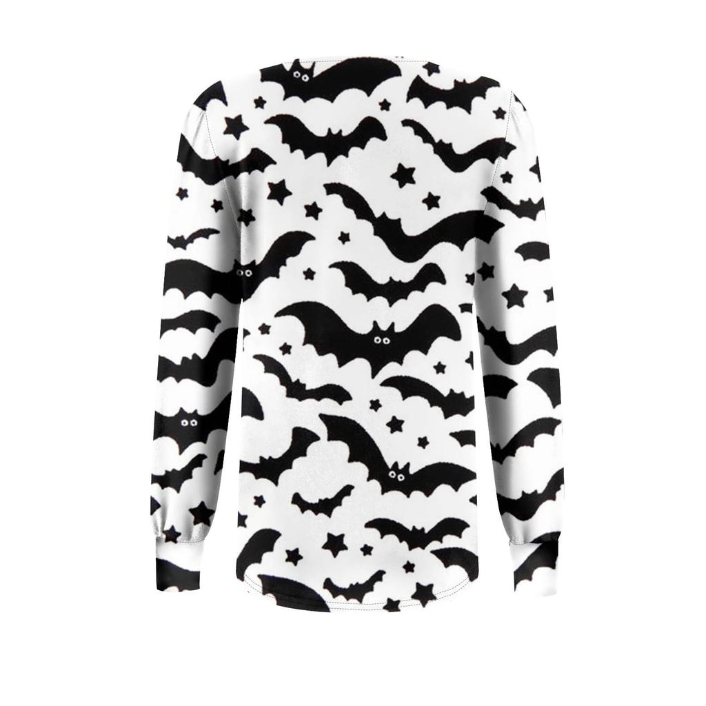 Women's Long Sleeve Round Neck T-Shirts Halloween  Print Puff Sleeve Shirts Button Blouses Tops