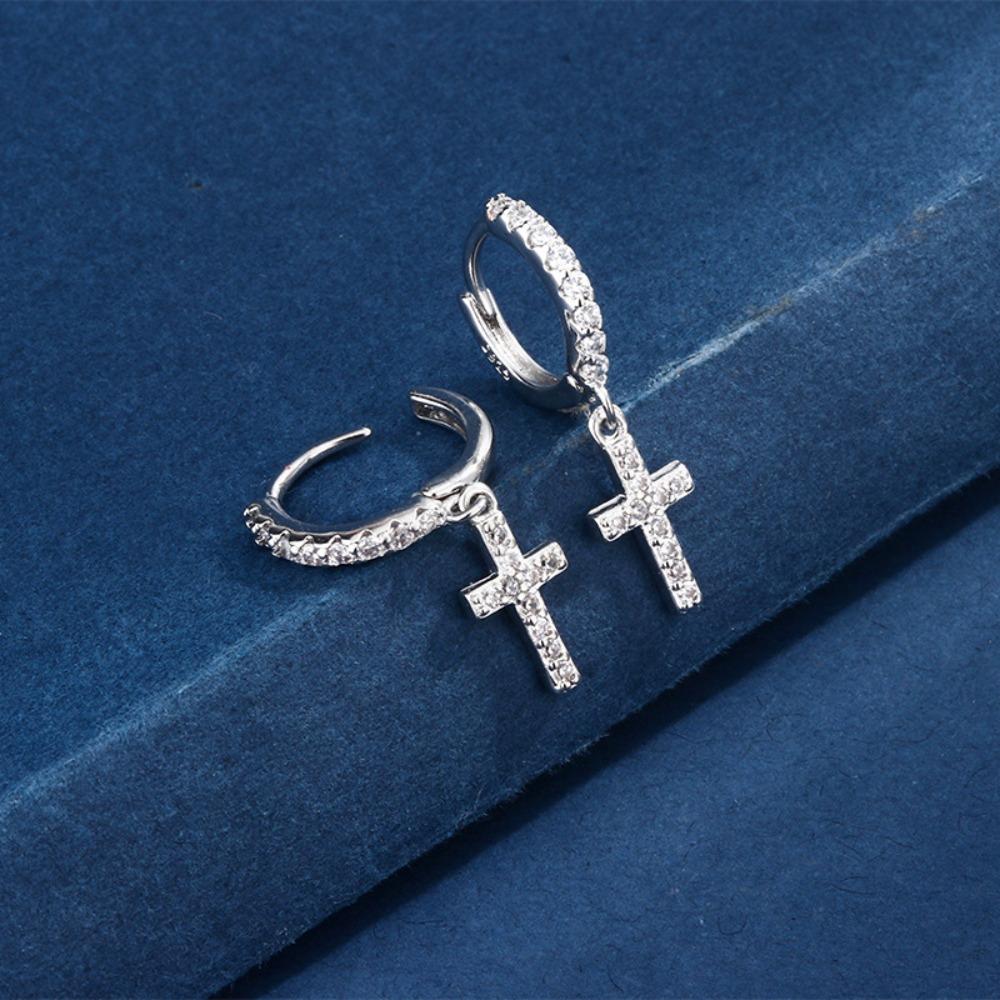 Fashion Punk Tone Full Inlay Zircon Cross Pendant Huggie Hoop Earrings for Women Men Exquisite Personality Couple Ear Jewelry