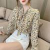 Women's Spring Design Long Sleeve Bow Tops Fresh Sweet V-Neck Chiffon Blouse