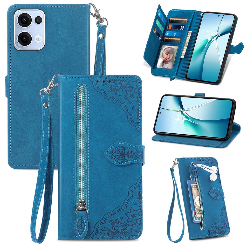 Для Oppo Reno13 5G (Глобальный) Чехол-кошелек на молнии с ремешком и цветочным принтом из искусственной кожи для телефона